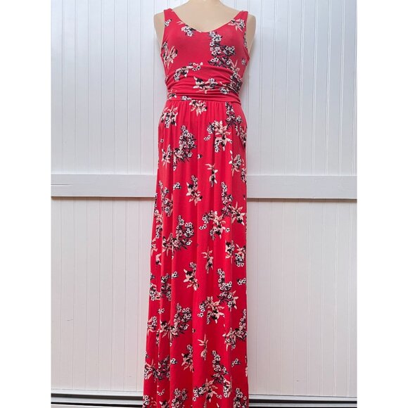 St. Tropez West Hawaiian Floral Red Dress Pockets Maxi Tank Womens Small Stretch - Picture 2 of 10